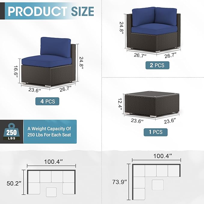 Crownland 7 Pieces Outdoor Patio Furniture Sets, All-Weather Black Wicker Rattan Sectional Sofa, Glass Coffee Table and Washable Seat Cushion with Zipper(Dark Blue)