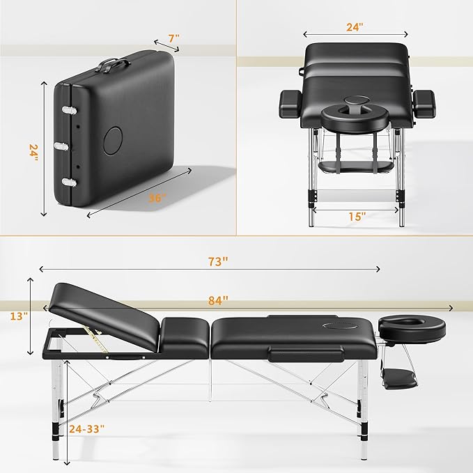 Massage Table Portable 84" Long 24" Wide Professional 3 Sections Reclining Massage Couch, Aluminum Adjustable Esthetician Bed Tattoo Table SPA Lash Salon Bed with Carrying Bag (Black)