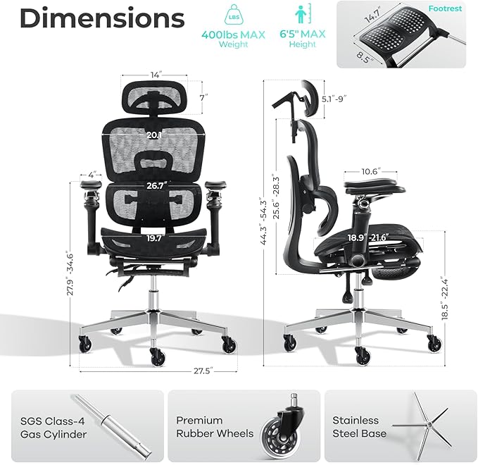 Morkprism Ergonomic Office Chair with 9D Arms,Adjustable Seat Depth,3D Lumbar Support,135° Recline,3D Headrest & Footrest,Mesh Computer Desk Chair - Ultimate Comfort for Home & Executive Office Black