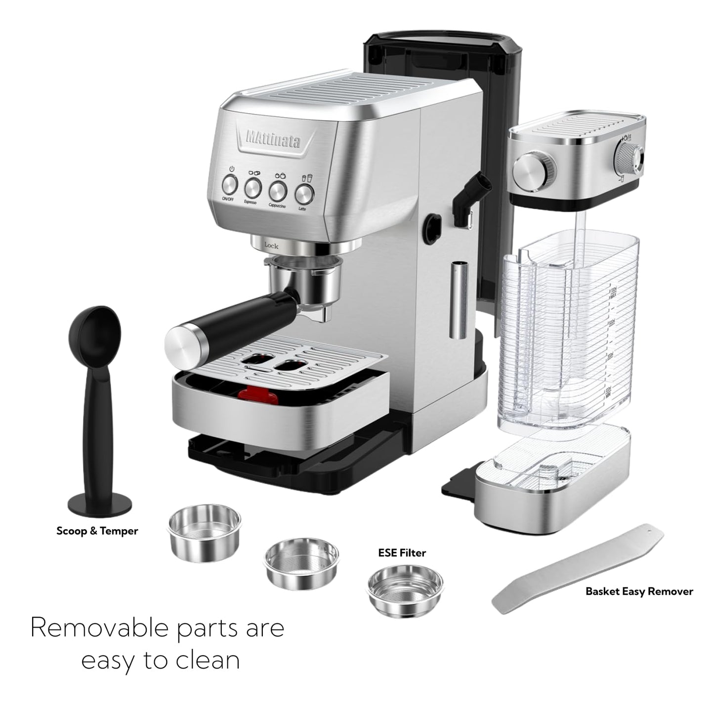 MAttinata CM1632 Cappuccino Machine 20 Bar, Professional Espresso Machines Coffee Maker for Home with Automatic Milk Frothering System, Barista Compact Latte Maker for Coffee Lovers, Stainless Steel