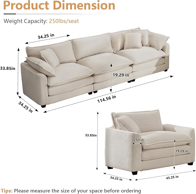 mikibama Luxury 3 Piece Sofa Set, 3-Seater & 2 Single Sofa Set, Modern Corduroy Comfy Cloud Couches Set for Living Room Office with 2 Armrest Pillows and 5 Toss Pillows, Beige