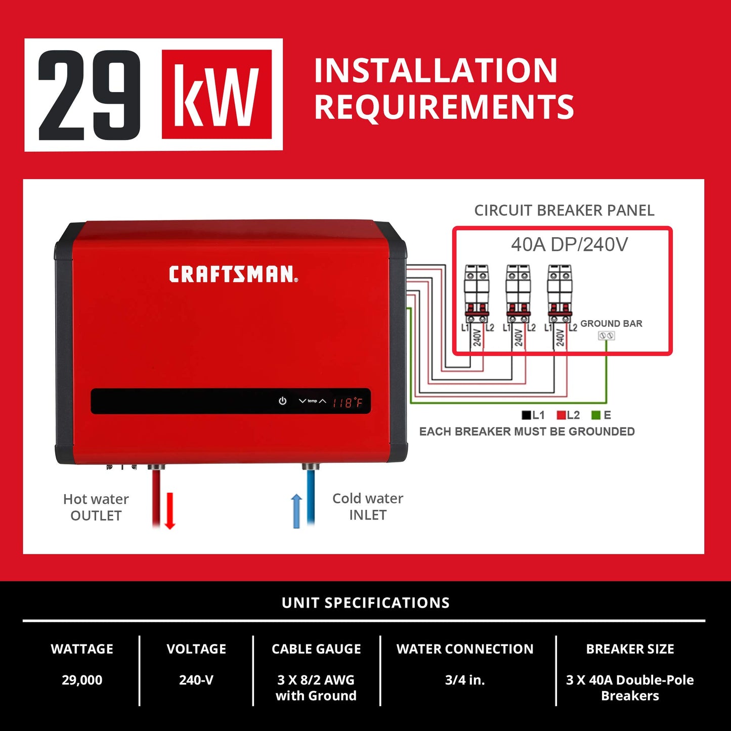 CRAFTSMAN 29kW 240-Volt 5.7 GPM Electric Tankless Water Heater, hot water heater for 2-3 Bathrooms