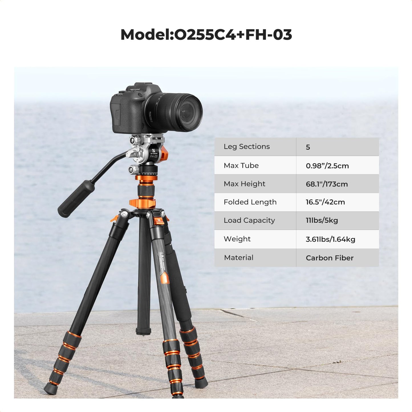 K&F CONCEPT Tripod for Camera，68'' Carbon Fiber Tripod with Fluid Head Max Load 11lb, Lightweight DSLR Camera Tripods & Monopods for Canon Sony Nikon.