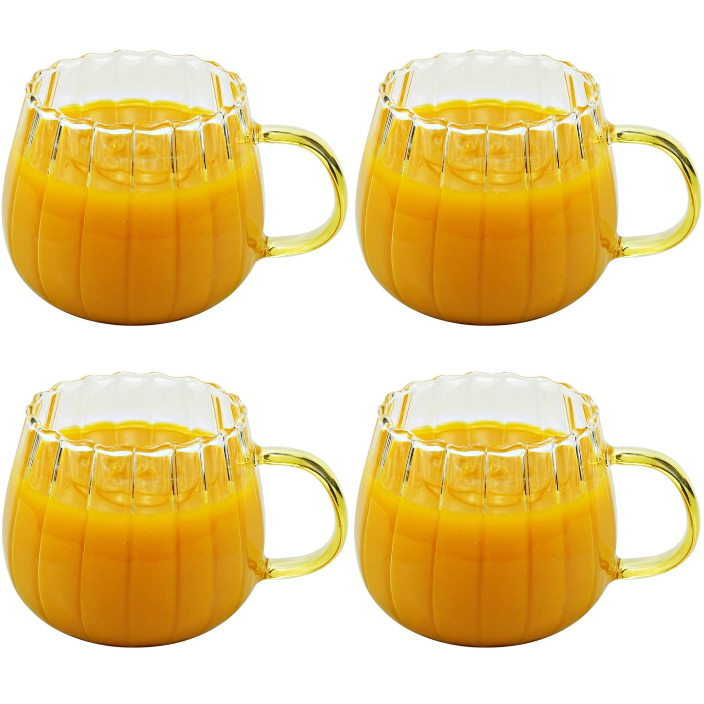 LUATSDAR Halloween Pumpkin Mugs 14 oz Glass Coffee Mugs Set of 4, Drinking Glasses with Yellow Handle, Clear Glass Cups for Hot or Cold Drinks like Cappuccino, Latte, Cocoa, Milk, Tea
