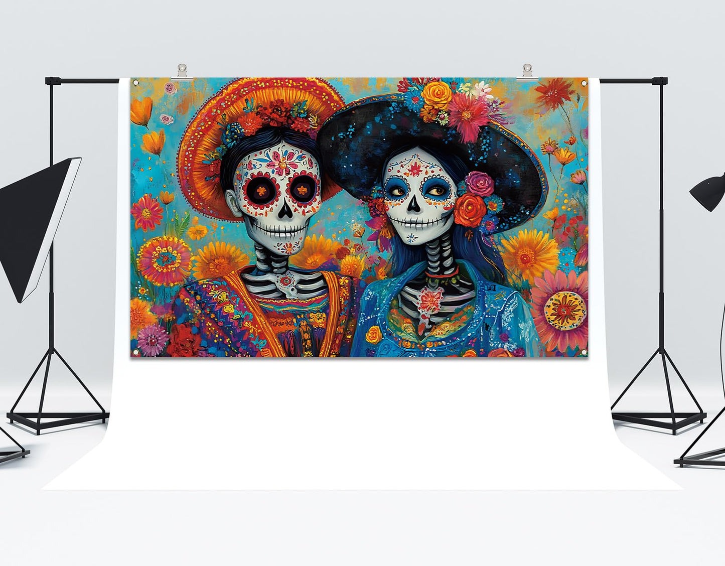 Buxiuer Day of The Dead Photo Booth Backdrop Día De Los Muertos Decorations Mexican Sugar Skull Marigold Bulletin Board Wall Decor