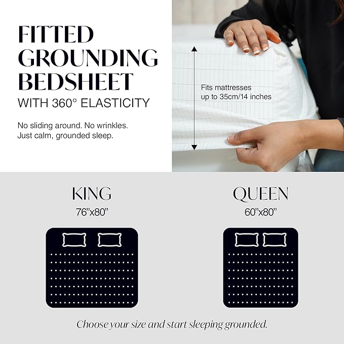 Grounding Sheets King Size 76x80x13.5 Inches – Organic Cotton with Silver, White Grounded Sheets King Size for Overall Improved Wellbeing, with 15 ft Grounding Cord