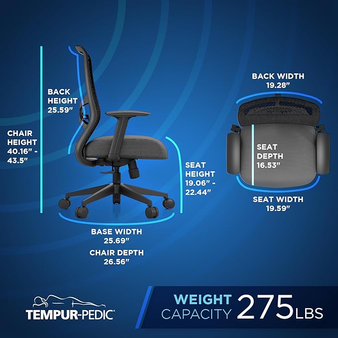 Tempur-Pedic ProTask Executive Task Office Chair with Mesh Back and Built-in Lumbar Support, Height-Adjustable Ergonomic Mesh Office Desk Chair, Grey