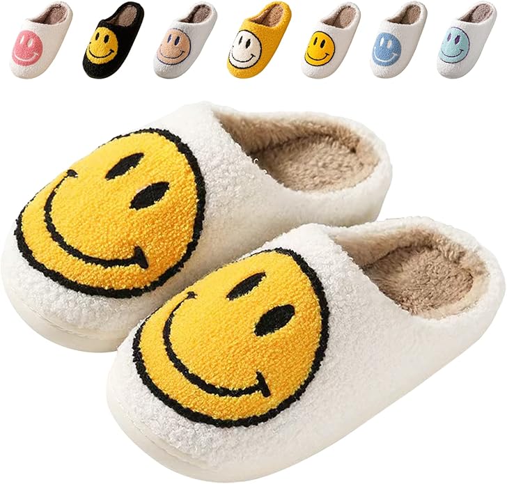 Bevaney Smile Face Slippers for Women - Soft Plush Retro Preppy Slip-on Comfortable Indoor/Outdoor Shoes