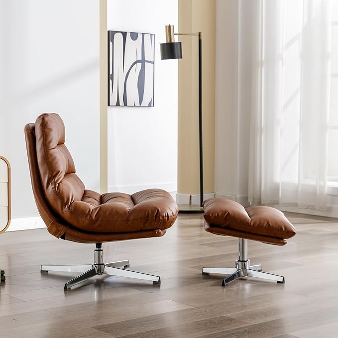 BESTANO Swivel Accent Chair with Ottoman, Mid Century Modern Faux Leather Lounge Chair with footrest, Comfy Oversized Armchair with 360 Degree Metal Base for Living Room/Bedroom, Brown