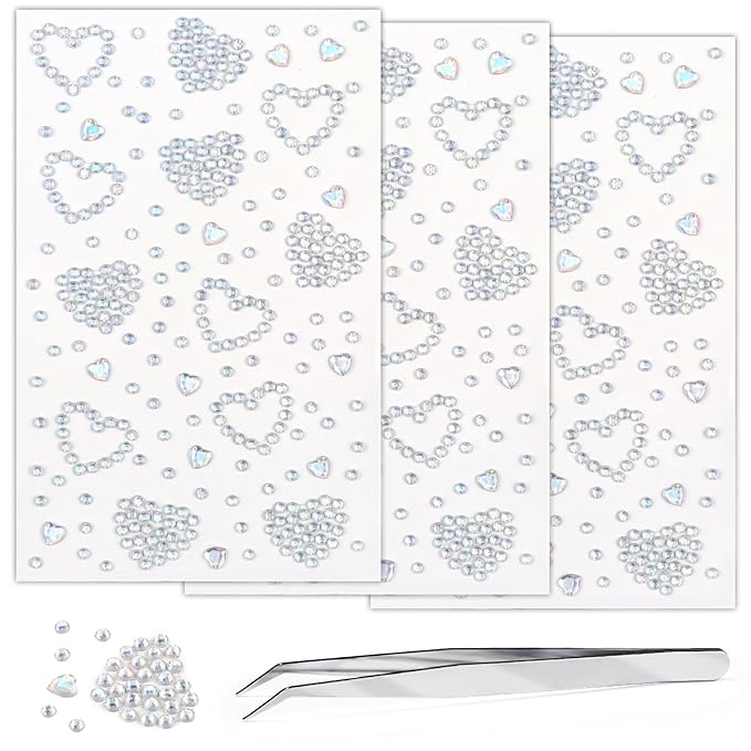 3 Sheets Self Adhesive Face Gems Stickers, Heart Gems Rhinestones Stickers, Bling Jewels for Makeup, Crafts, Home Decor Scrapbooking Embellishments(Laser Rhinestones)