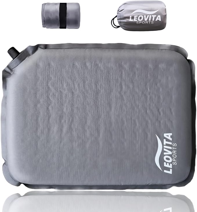 LEOVITA Inflatable Seat Cushion Lightweight Self-Inflating Memory Foam Cushion for Stadium Camping Bleachers Airplane Travel Waterproof Portable Blow Up,Gray