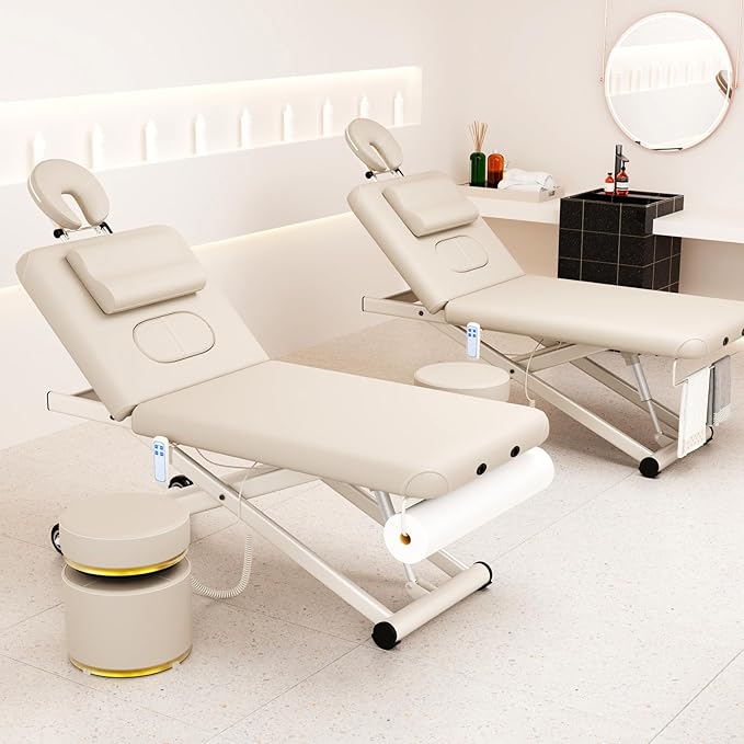 Heavy-Duty Electric Lift Massage Table with Electric Adjustable Backrest and Legs, Wide Physical Therapy Massage Bed with Wheels, Professional Spa Facial Bed, PU Leather, 32'' W × 75'' L