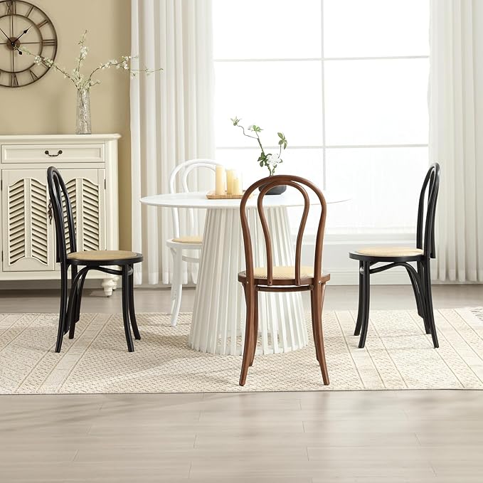 DM Furniture Solid Wood Dining Chairs Set of 2 Mid-Century Modern Rattan Kitchen Room Chairs with Backrest Bentwood Side/Desk Chairs for Dining/Living Room,Home, Black Wood