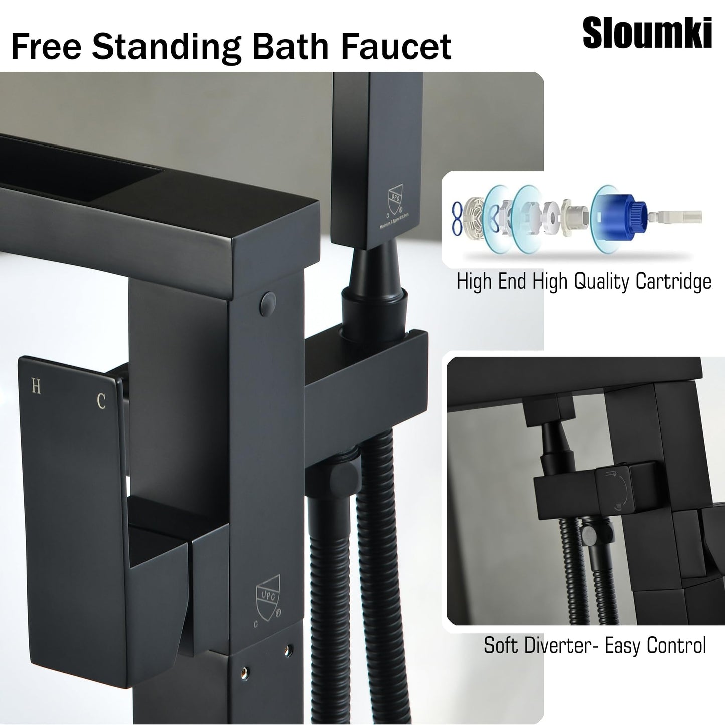 Freestanding Bathtub Faucet Waterfall Tub Filler Black Floor Mount 304 stainless steel Single Handle Bathroom Faucets with Hand Shower