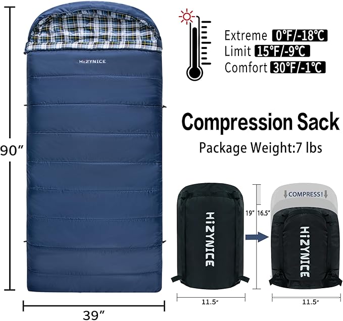 Cold Weather Sleeping Bag 100% Cotton Flannel XXL for Adults Big and Tall,Free Compression Sack