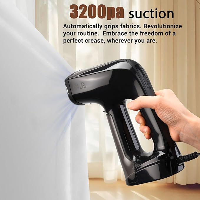 Vacuum Steamer for Clothes, Handheld Travel Steamer with 3200Pa Suction & Dual Mode, 30s Fast Heat-Up, Portable Instantly Dry Garment Steamer Iron (for 110-120V) - Black
