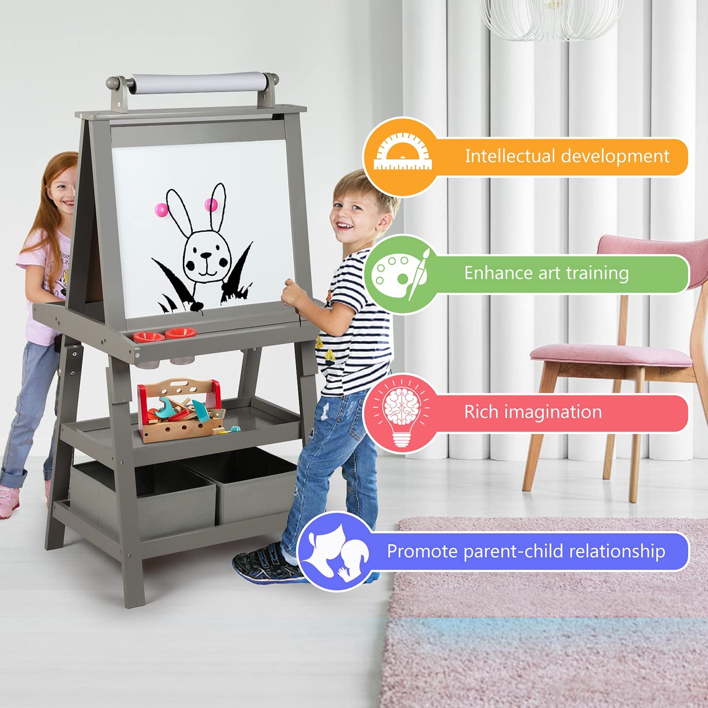 Kinder King 3 in 1 Kids Art Easel w/Storage, Double-Sided Magnetic Whiteboard & Chalkboard, Dry-Erase Board w/Paper Roller, Toddler Children Standing Easel for Painting & Drawing, Accessories(Grey)