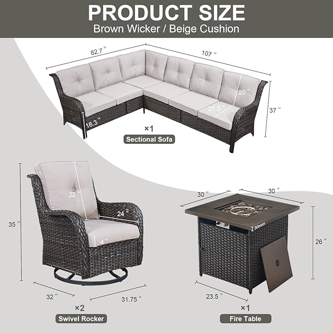 Belord Outdoor Sectional Sofa Furniture Set with Propane Fire Pit Table, Wicker Patio Conversation Set with 2 Swivel Glider Rocker Chairs Beige Cushion Perfect for Backyard Casual Gathering