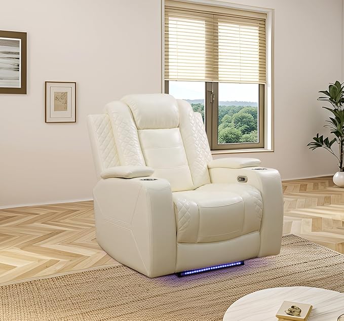 Caberryne Power Recliner Chair with LED Lights,Leather Reclining Couch with Storage Console/Arm Cup Holder for House/Home Theater/Small Space/Rv(Single Chair,Creamy)