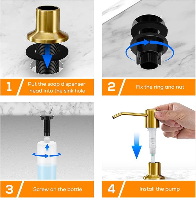 Gold Soap Dispenser for Kitchen Sink, Built in Dish Soap Dispenser Brushed Gold Stainless Steel Pump Head, Counter Soap Lotion Dispenser Refill from The Top with 17 Oz PE Bottle