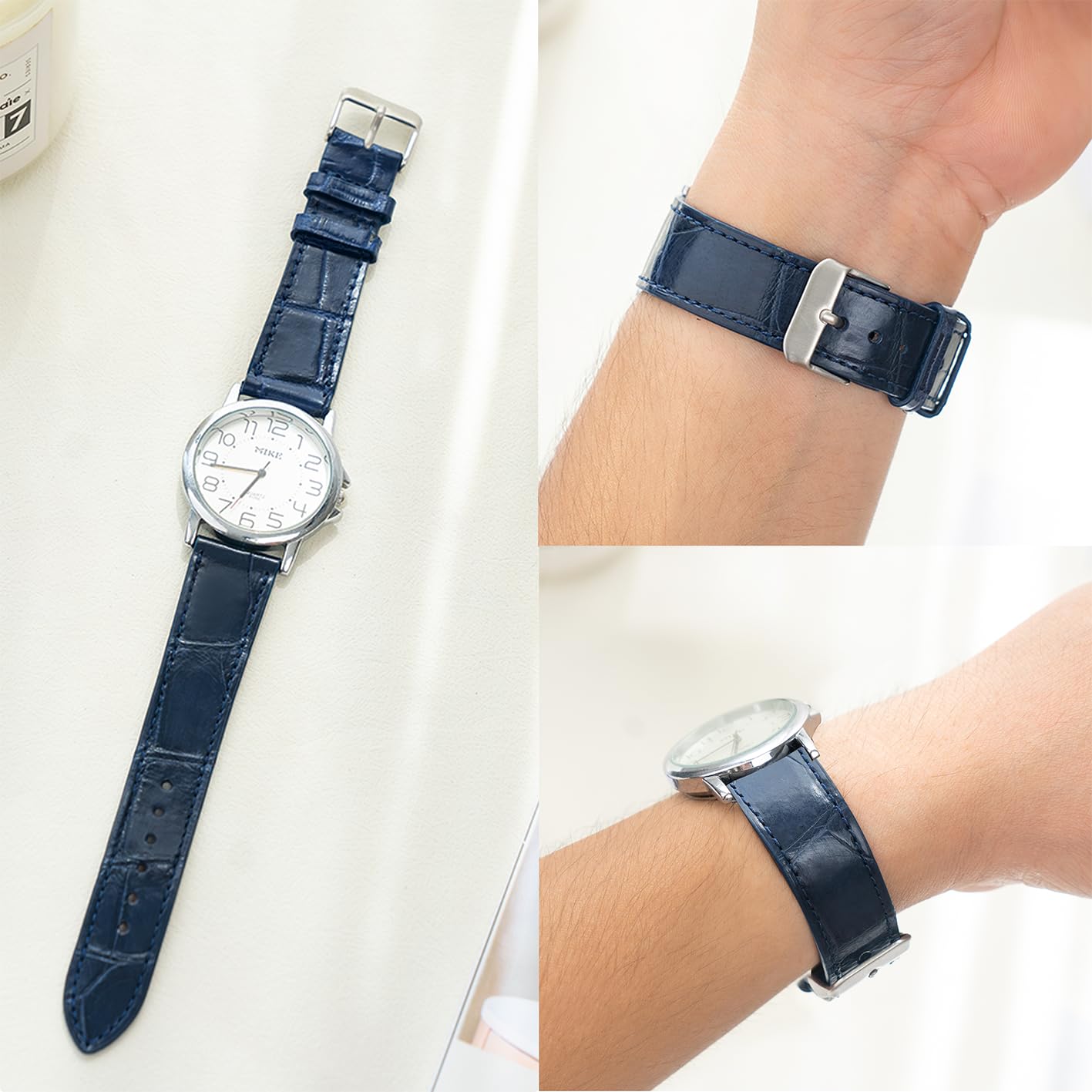 21mm Flat Blue Navy Leather Watch Band Quick Release Handmade Leather Strap Slim Croc Replacement Wristband Men Stainless Steel Buckle Christmas Father's Day Gift for Dad Son Husband DH-NO-04-21MM