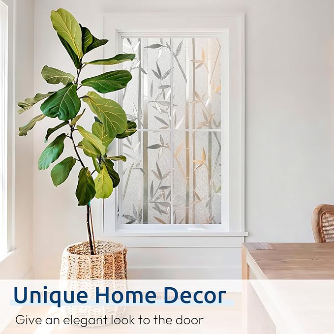 rabbitgoo Window Privacy Film Frosted Bamboo Pattern, Removable UV Blocking Stained Glass Decals Covering Decorative Window Cling for Home, 23.6 in X 6.5 Feet, Regular