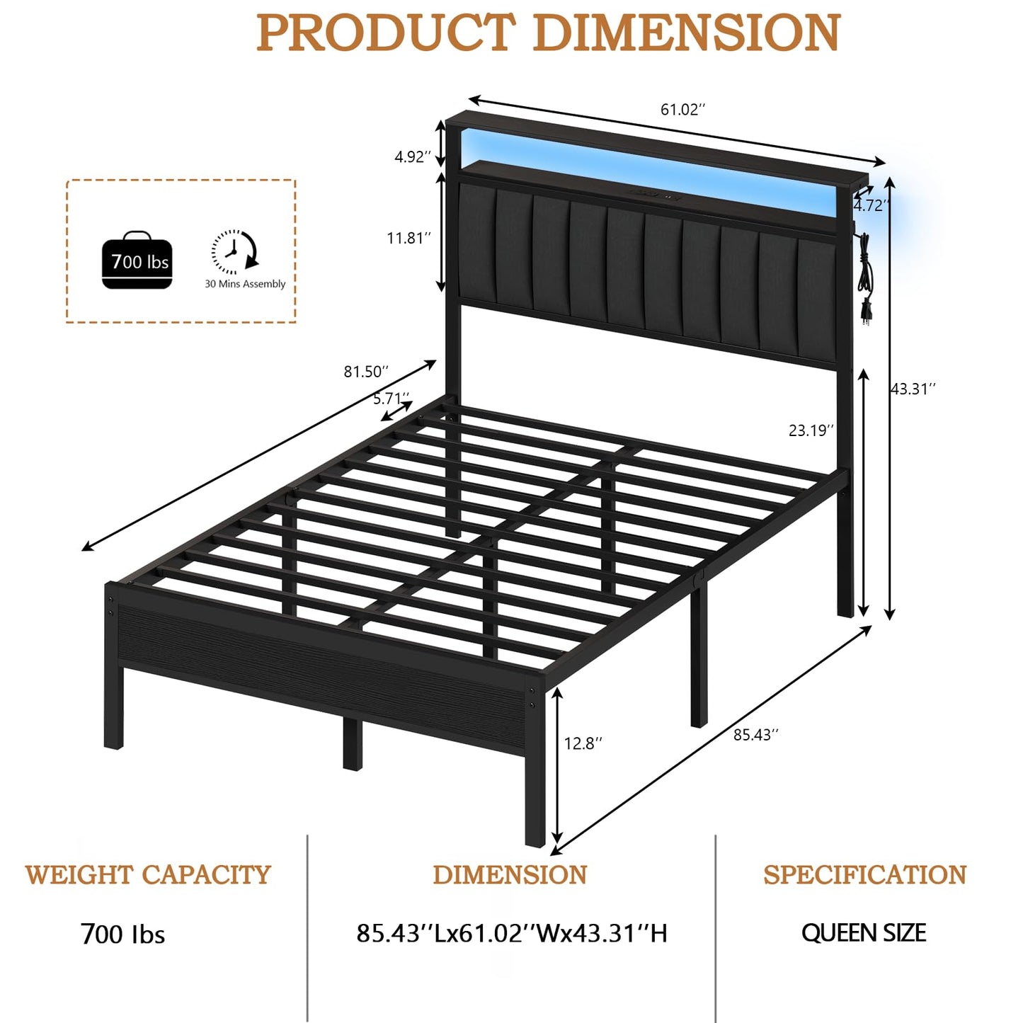 Furnulem Queen Size Bed Frame with Charging Station and LED Lights, Platform Bed with Metal Slats, Grey Upholstered Headboard with 2-Tier Storage Shelves, No Box Spring Needed