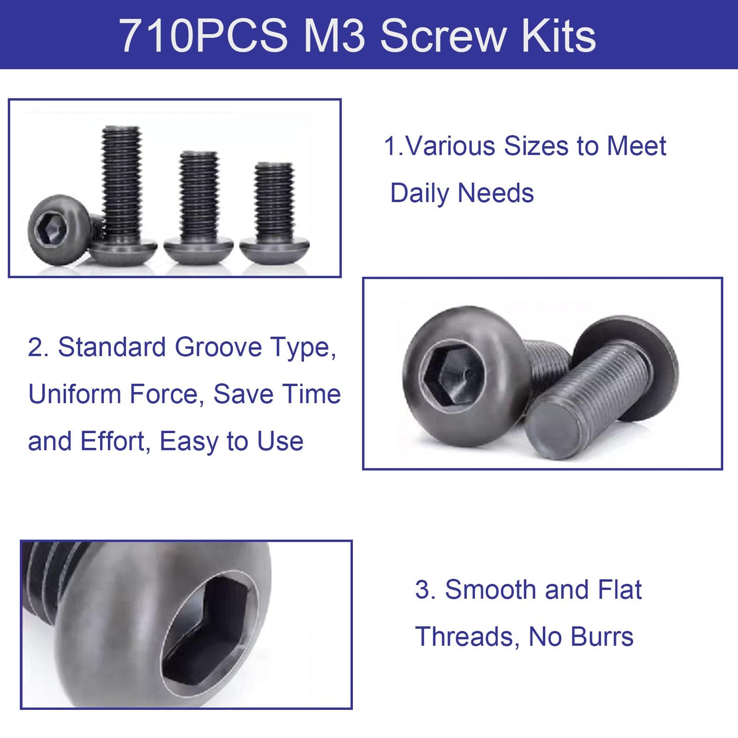 710PCS M3 Screw Assortment Kit, M3x6/8/10/12/16/20/25/30mm M3 Screw Kits, 10.9 Grade Alloy Steel Metric Hex Button Head Cap Screws, Nuts and Flat Washers, Black Zinc Plated Screw Set for 3D Printing