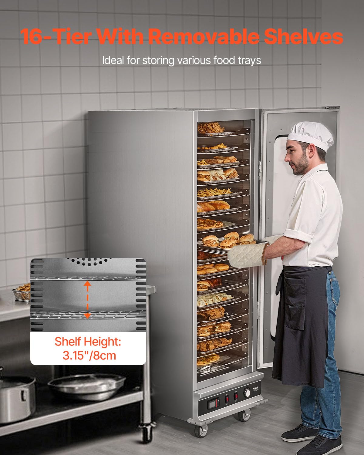 VEVOR Hot Box Food Warmer, 16-Tier Large Concession Warmer with Water Tray, Glass Single-Door and Adjustable Shelves, Stainless Steel Food Warmer Cabinet, Ideal for Storing Pizza, Chicken, Restaurant