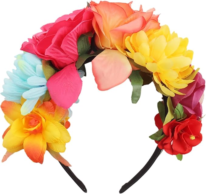 hhdatc Mexican Rose Flower Crown Headband Independence Day Rose Flower Headpiece for Day of the Dead Halloween Costume Acc...