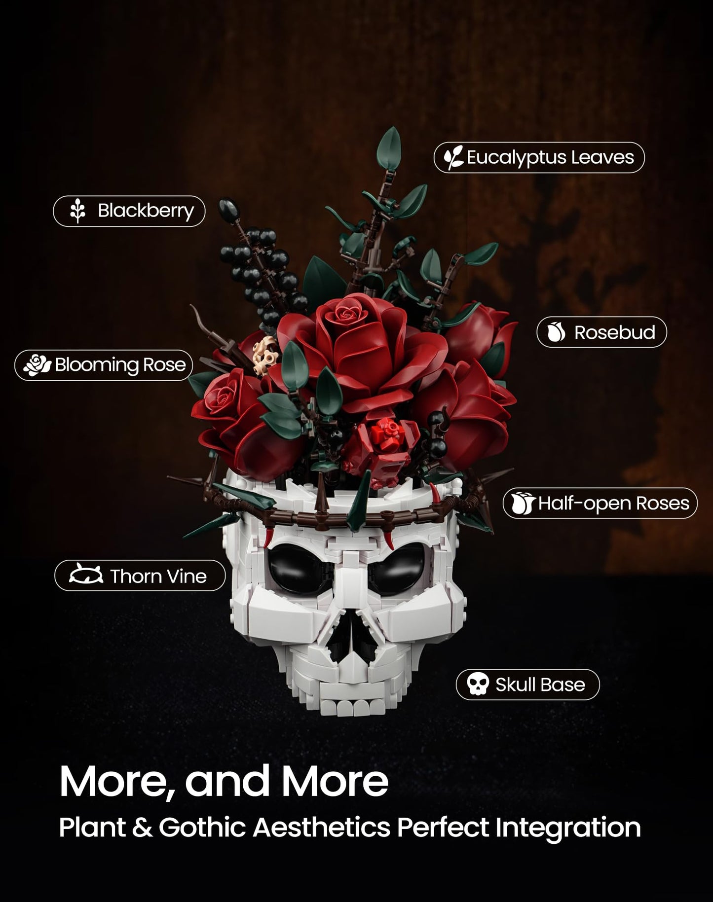 Skull Rose Bouquet Building Set, Compatible with Lego Flowers for Adult - Halloween Gothic Horror Skeleton Plant Pot Home Decor - Artificial Flower Botanical Collection Gifts, IA11008