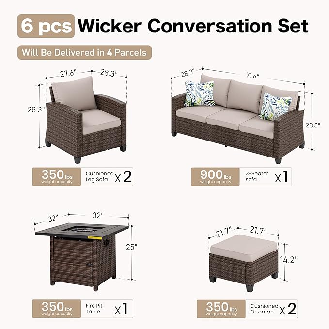 SUNSHINE VALLEY Patio Furniture Set Outdoor Furniture Brown Wicker Rattan Patio Conversation Sets with Cushion Outside Sofa Set,5 Pieces with Firepit Table,7 Seats,Beige