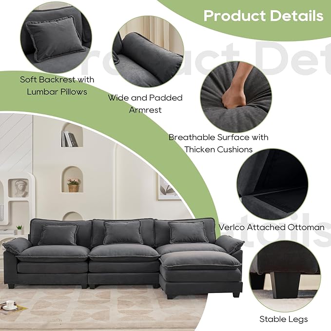 Oprisen 120" Modular Sectional Sofa, Comfy Cloud Couch Sectional Sofa with Ottoman, Velvet Sofa Sleeper Deep Seat Sofa with Throw Pillows for Living Room (Blue Gray, 120"- L Shape)
