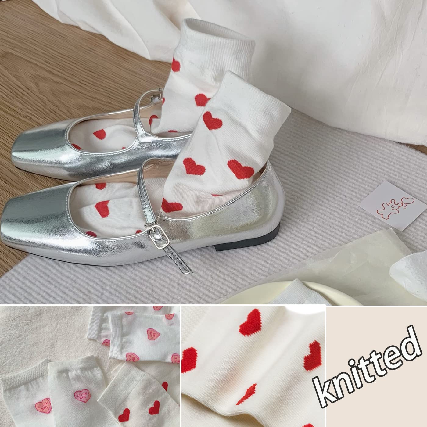 CHUNFO Cute Heart White Red Ankle Women Socks Frilly Fun Bear Pattern Long Crew Novelty Aesthetic Girls Sock 4 & More Pairs