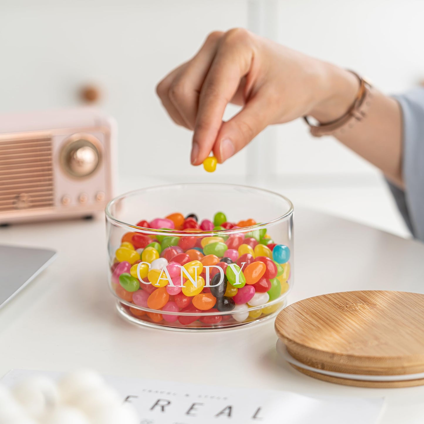 KEKEHOME 11oz Glass Candy Dish with Lid Covered Candy Bowl Decorative Cookie Jar Clear Salad Bowl Buffet Storage Container for Home Kitchen Coffee Table Office Desk and Party Wedding