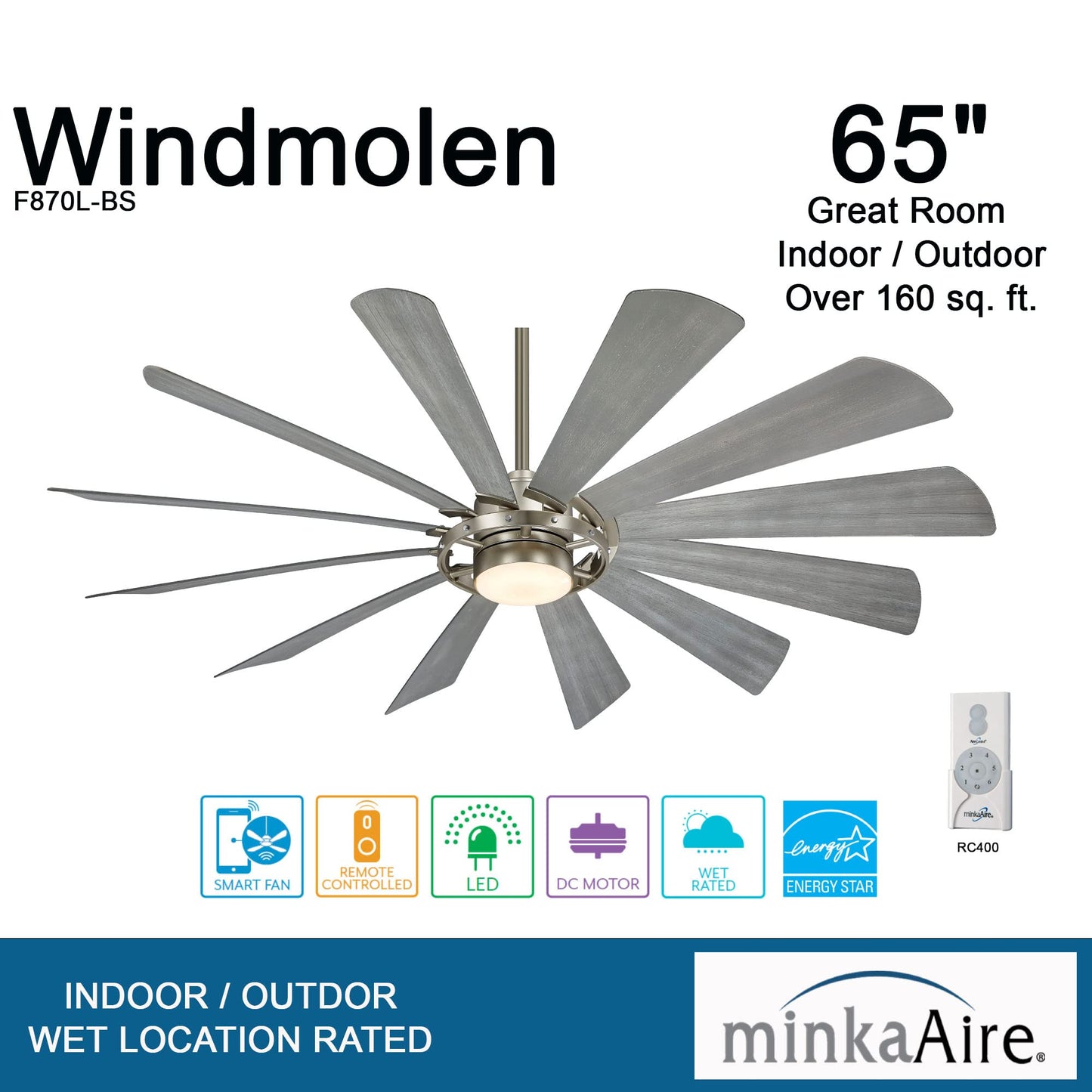 Minka Aire F870L-Bs Windmolen 65 Outdoor Ceiling Fan With Led Light And Remote Control, Brushed Steel