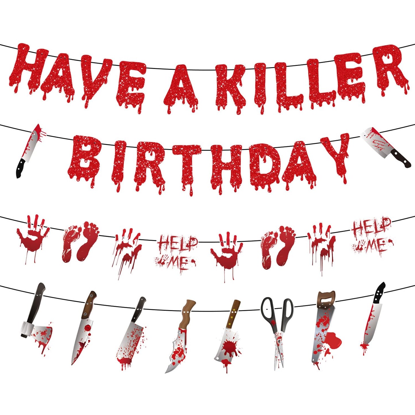 Gameza Halloween Birthday Party Decorations, 4PCS No-DIY Have a Killer Horror Birthday Banners Bloody Murder Supplies, Mystery Spooky Party Fake Knife Banners Decor