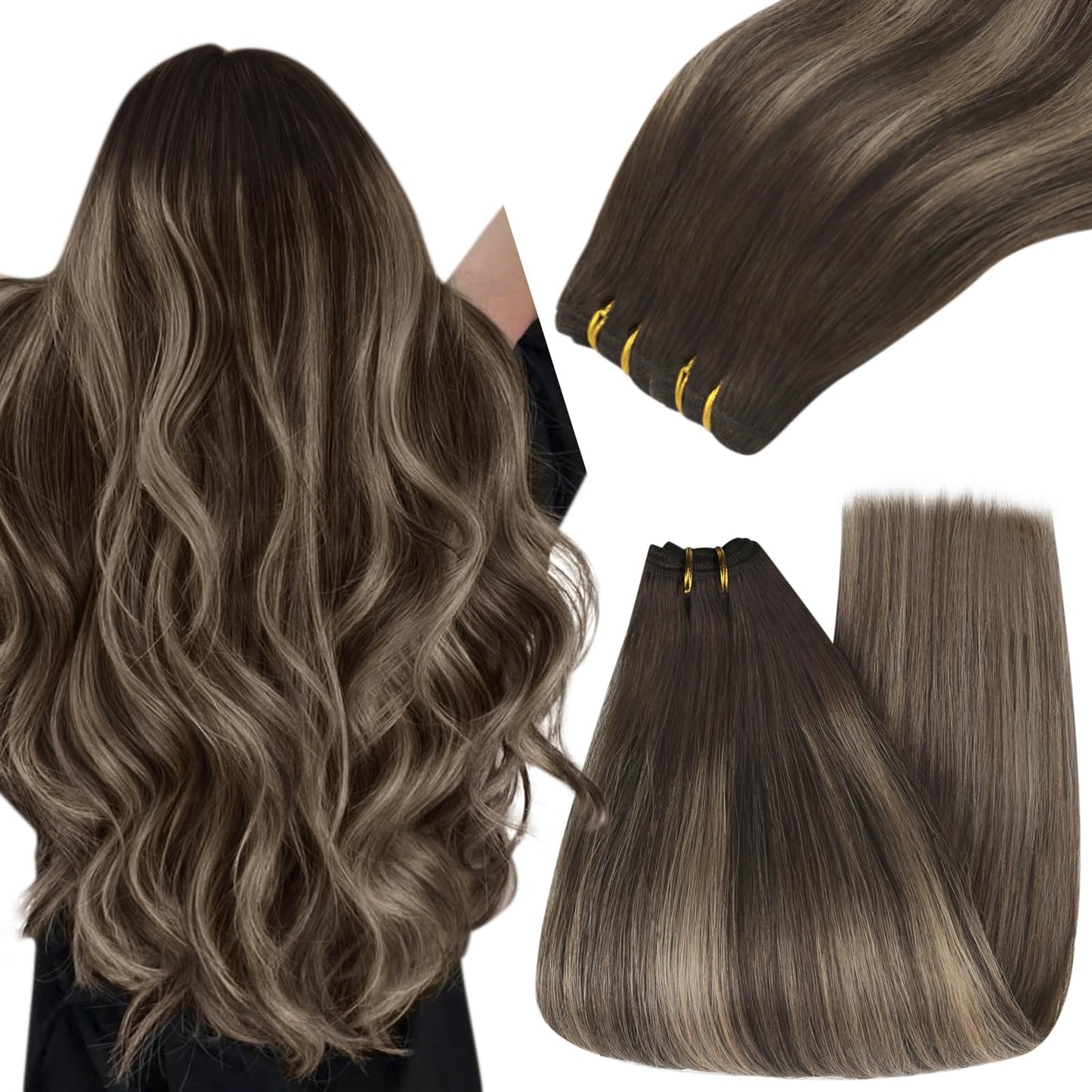 YoungSee Sew in Extensions Balayage Weft Human Hair Extensions Chocolate Brown with Ash Blonde Balayage Sew in Real Human Hair E