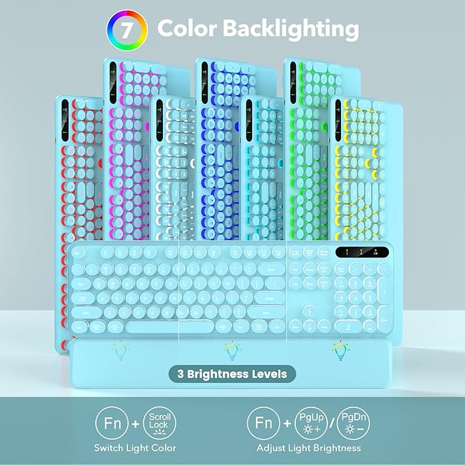 Wireless Keyboard and Mouse Combo, Backlit Round Keycaps, Retro Typewriter Keyboard with Detachable Wrist Rest, Rechargeable & Tilt Legs, 2.4GHz Cordless Connection for Windows/PC (Glowing Turquoise)