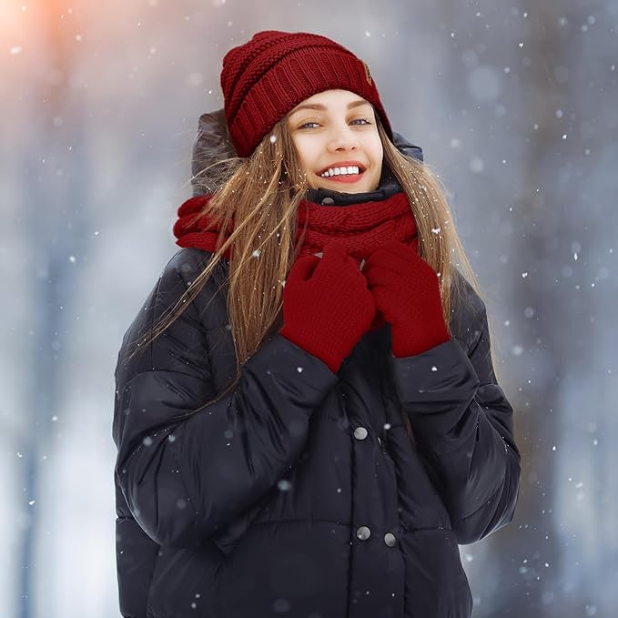 Aneco Winter Warm Sets Knitted Scarf Beanie Hat Touch Screen Gloves and Winter Ear Warmer for Men or Women