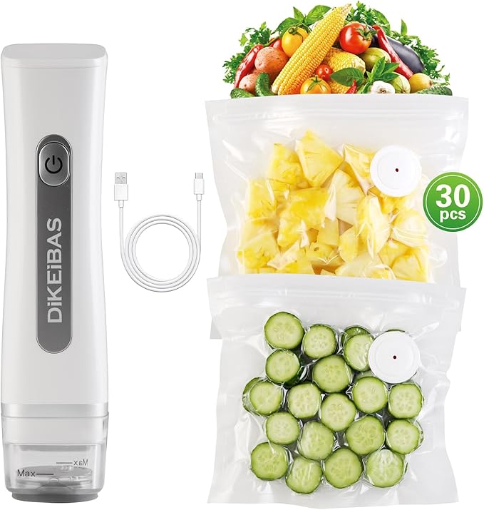 Handheld Vacuum Sealer & Food Saver with 30 Reusable Bags – Keeps Food Fresh 6X Longer | One-Touch Seal & USB Rechargeable | Leak-Proof for Meat, Meal Prep & Travel | Compact Food Preservation System