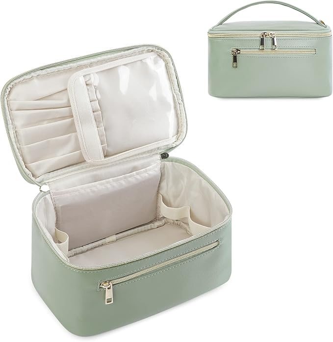 Wandering Nature Makeup Bag, Travel Make Up Organizer Cosmetic Brush Bags Case for Women in Vegan Leather, Sage Green, Patent Pending