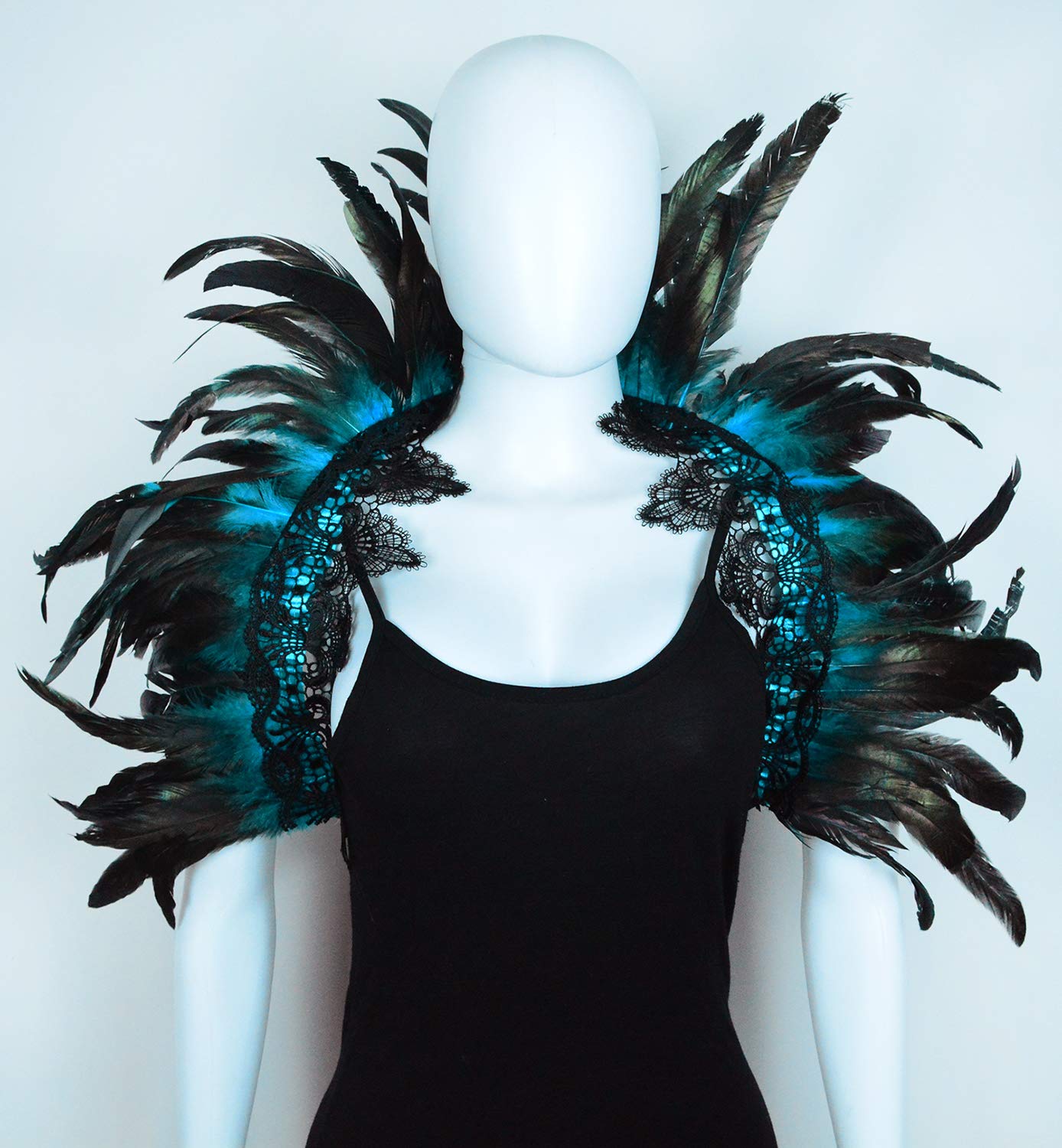L'VOW Black Crow Feather Cape Shawl Stand Up Collar Halloween Devil Wings Witch Costume (Acid blue)