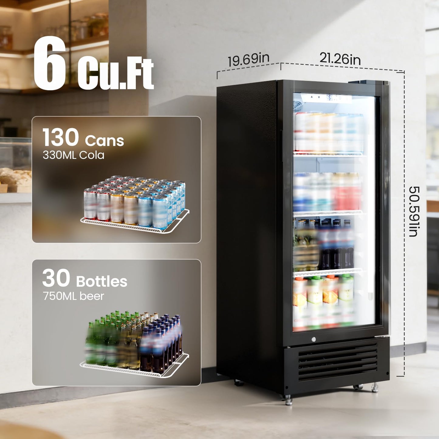 Kismile 6 Cu.Ft Commercial Refrigerator, Beverage Cooler with Wheels, Lock & Key, Adjustable Shelves, Double-Tempered Glass Door Drink Fridge for Bar, Restaurant or Home