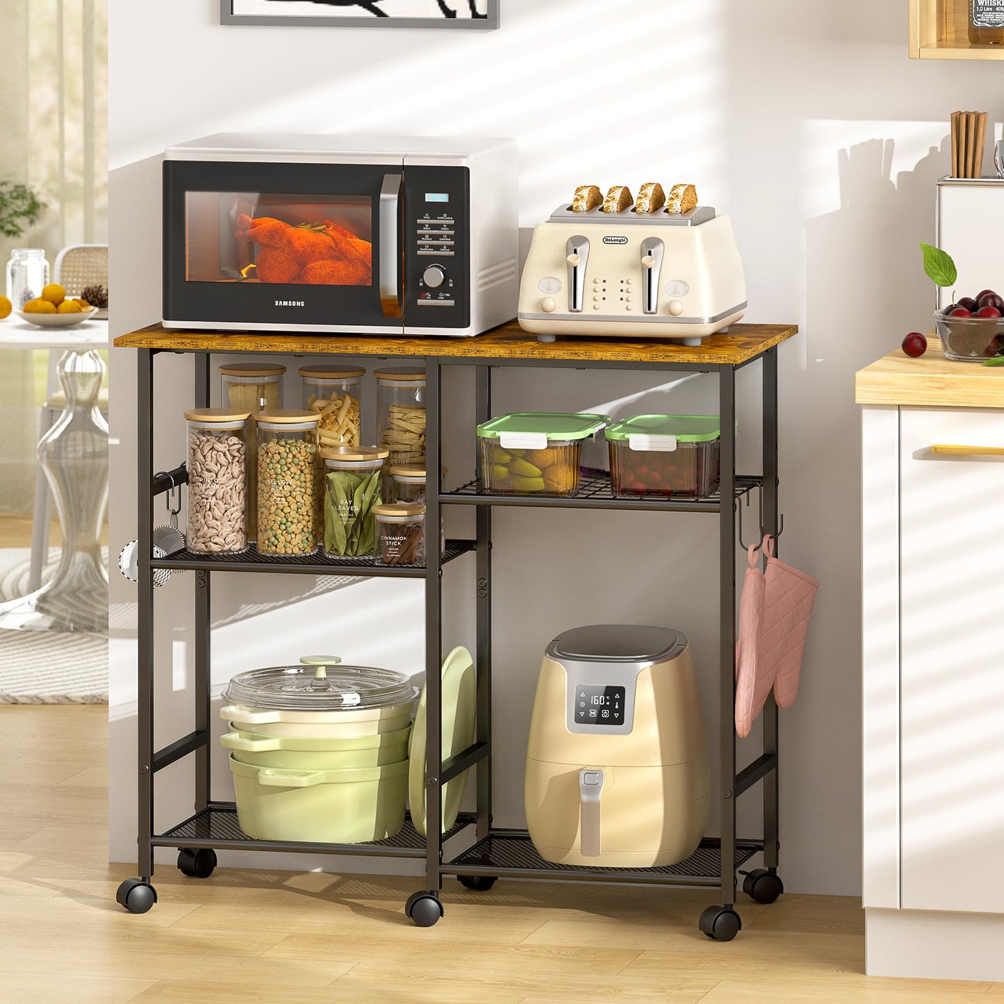 ThreeHio Kitchen Microwave Cart, Microwave Stand with Adjustable Shelf, Coffee Bar Stand Kitchen Baker's Rack with Wheels Rolling Storage Cart Organizer Shelf for Living Room, Office, Balcony