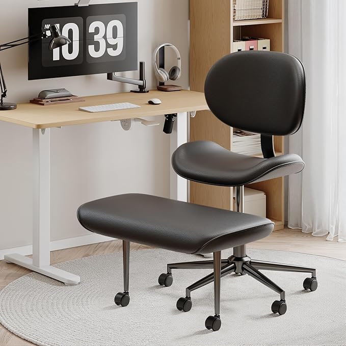 Cross Legged Office Chair with Wheels for ADHD, Ergonomic 360° Swivel Height-Adjustable Meditation Chair for Yoga, Wide Kneeling Chair with Strong Lumbar Support, PU Leather, Black