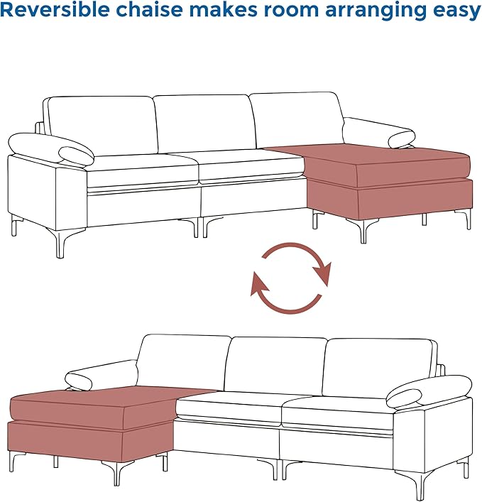 VANOMi Faux Leather Couch for Living Room, 100" Sofa & Couches with Convertible Chaise 3-Seater Modern Sectional Sofa for Apartment, Corner, Office, Right/Left-L-Shaped, Brown