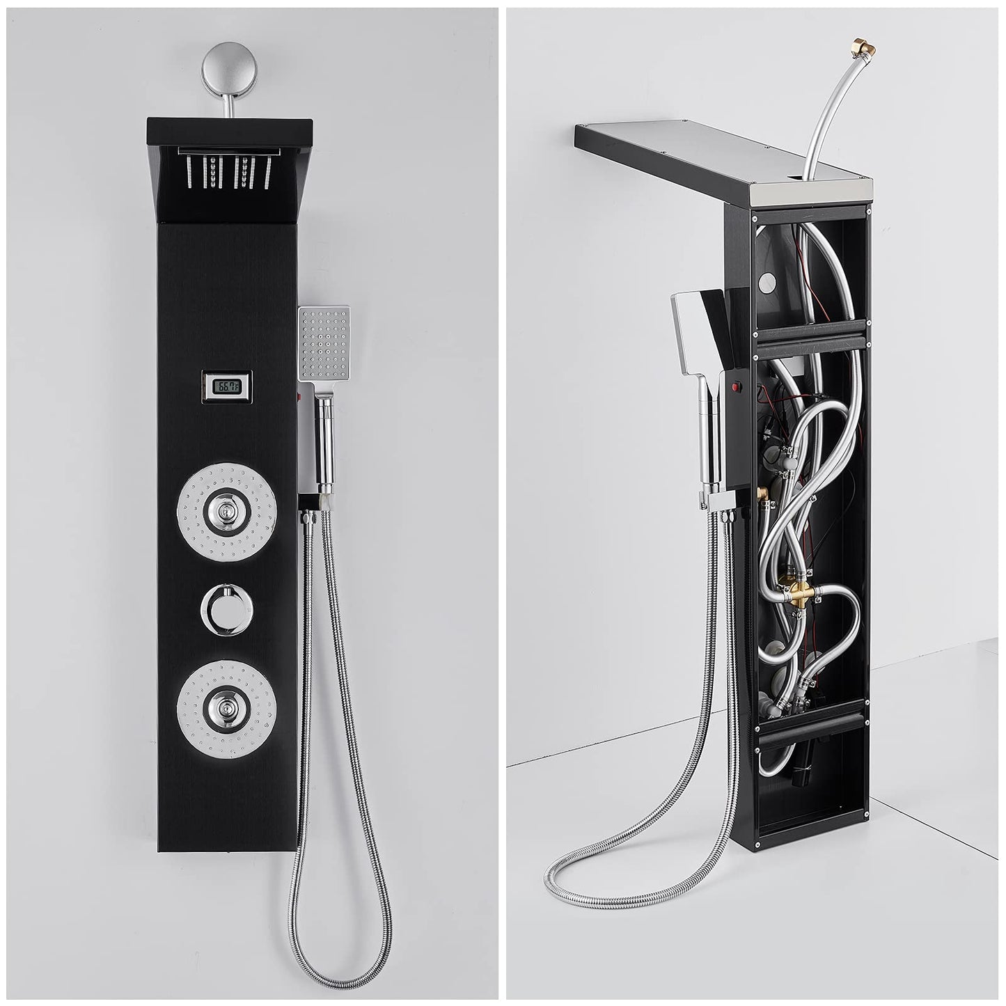 ROVOGO Retrofit Shower Panel with LED Rain Shower, 2 Body Jets and Handheld, Easy Connect Stainless Shower Tower Column with Temperature Display, Black (NOT INCLUDE ROUGH-IN VALVE)