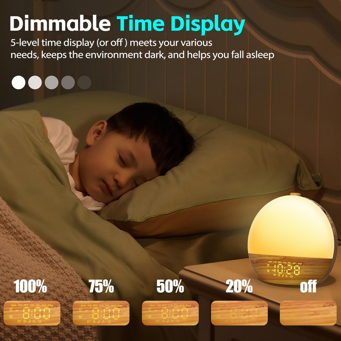 Geuuap Wood Grain White Noise Sound Machine Sunrise Alarm Clock with 25 Soothing Sounds, 17 Dimmable Night Lights, Bluetooth Speaker Wake Up Light alarm clocks for bedrooms, Heavy Sleepers, Baby, Kids