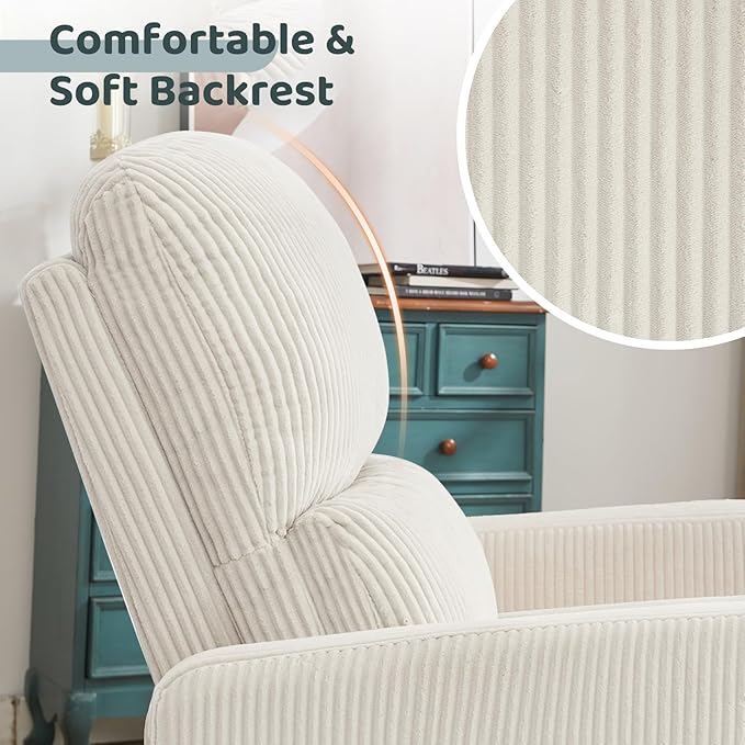 AEMEIOS Swivel Rocker Recliner, Oversized Manual Nursery Glider Rocking Recliner Chair with Removable Cushion, Upholstered Swivel Reclining Chair for Nursery Living Room Bedroom, Corduroy White